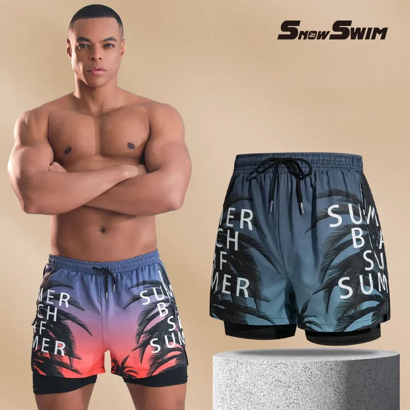 Double-layer Swim Trunks for Men Boxer Shorts Anti-embarrassment Lined with Professional Beach Pants Adult Swim Gear