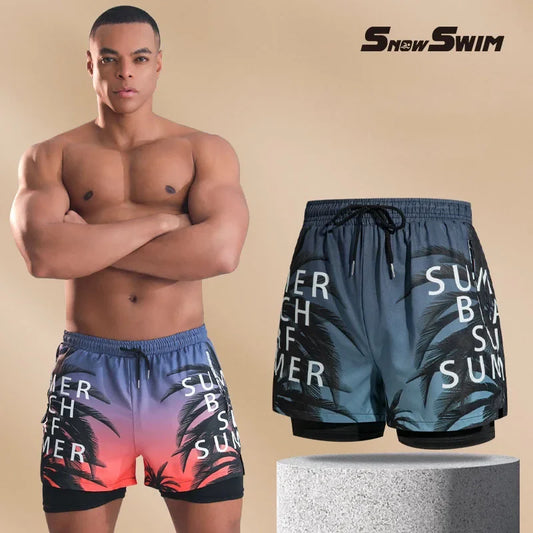 Double-layer Swim Trunks for Men Boxer Shorts Anti-embarrassment Lined with Professional Beach Pants Adult Swim Gear