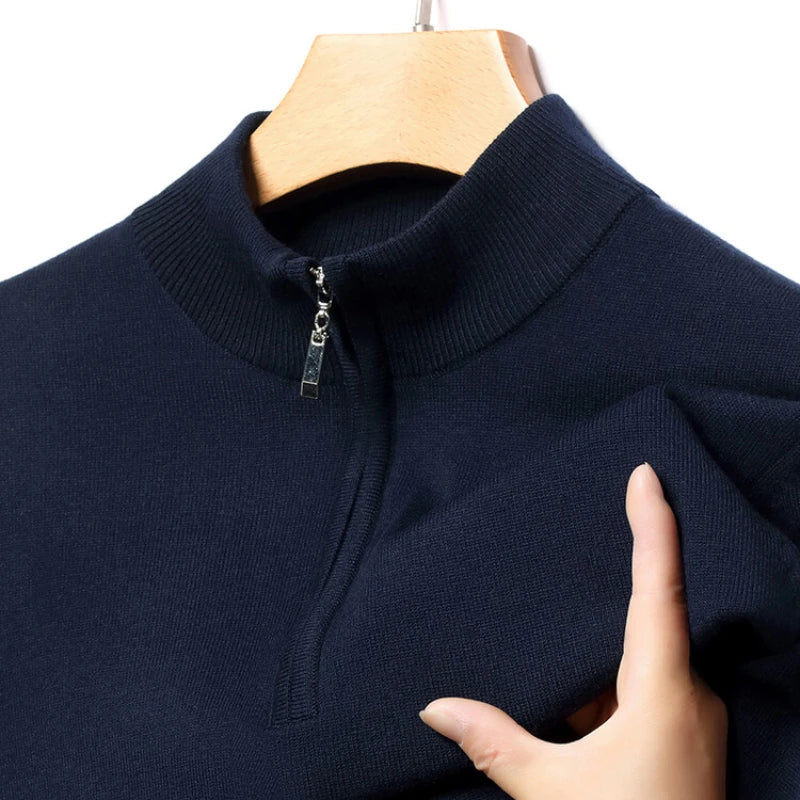 Autumn & Winter Men's Long-Sleeved Sweater,  Half Turtleneck Pullover Wool-like Business Casual Top, Half Zip Pullover