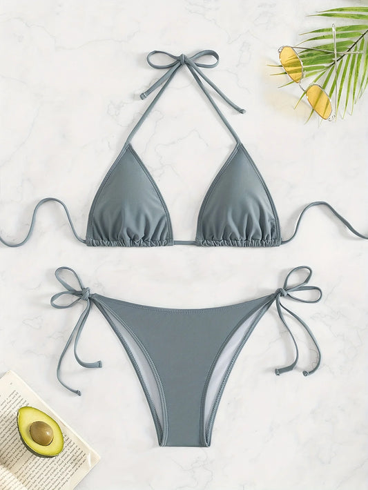 ZTVitality Sexy Solid Swimwear Thong Bikini Set 2025 New Bandage Halter Women's Swimsuit Summer 2 Piece Bathing Suit Biquini