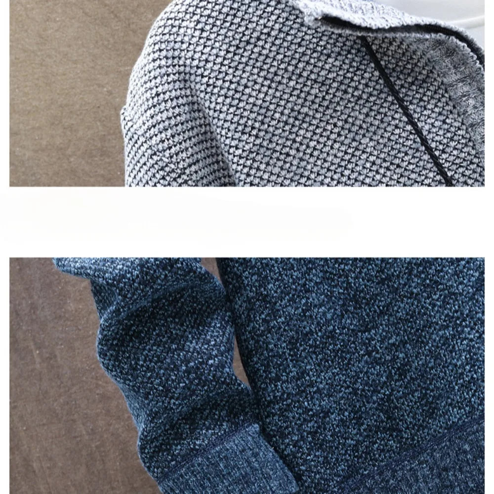 New Fleece Men's Large Size Half Turtleneck Sweater Men's Zipper Knit Sweater Slim Fit Casual Pullover Fall Winter Men