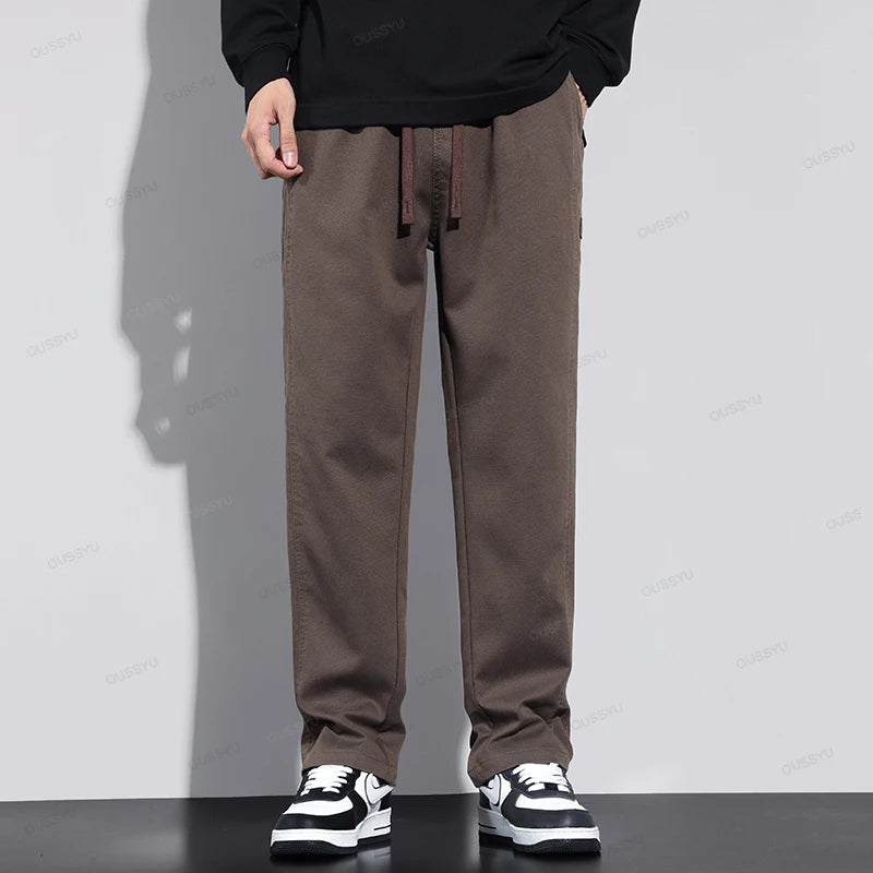 All Seasons Soft Lyocell Fabric Men's Pants Loose Straight Drawstring Elastic Waist Korea Casual Trousers Plus Size M-4XL