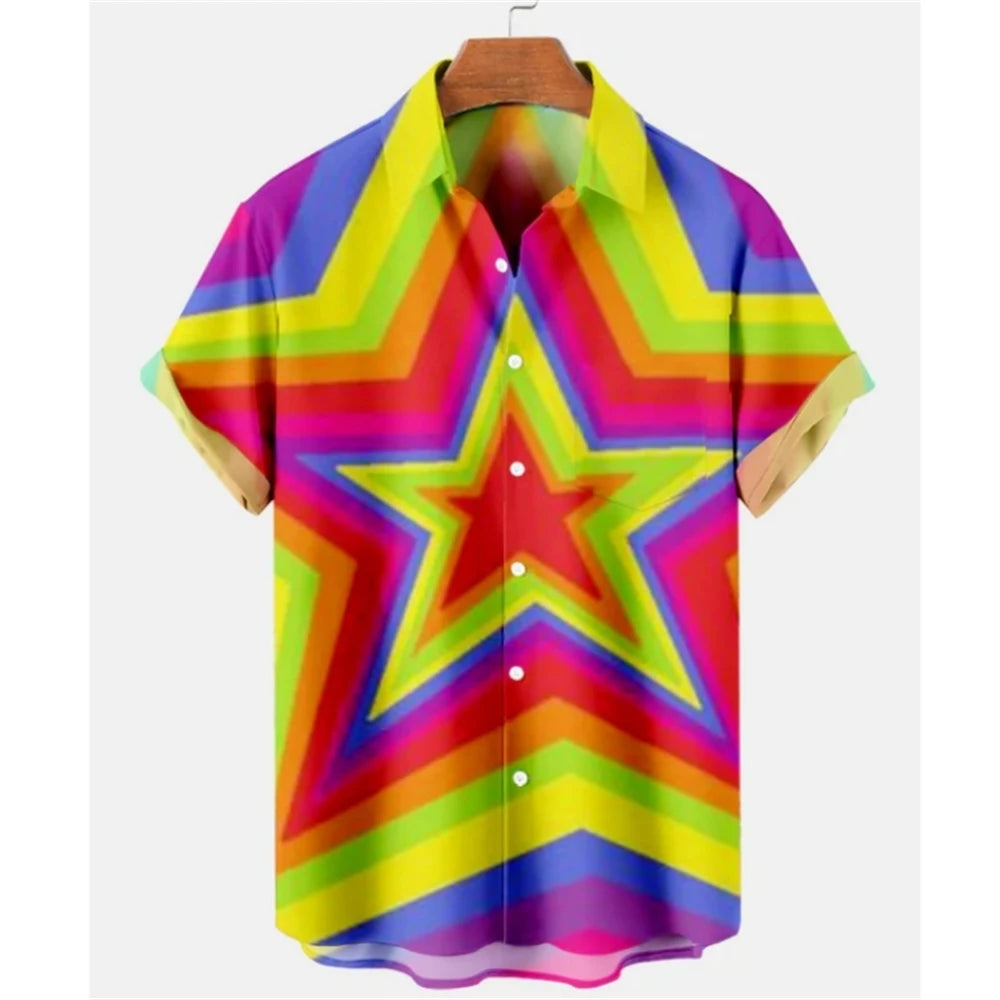 Summer Oversized Romantic Men'S Shirt Rainbow Pattern Fashion Short Sleeve Print Top Simple High Quality Street Loose Hawaiian