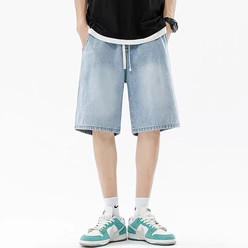 Men Casual Denim Shorts Male New Elastic Waist Straight Leg Comfortable Light Blue Soft Short Pants Baggy Wide Leg Jeans