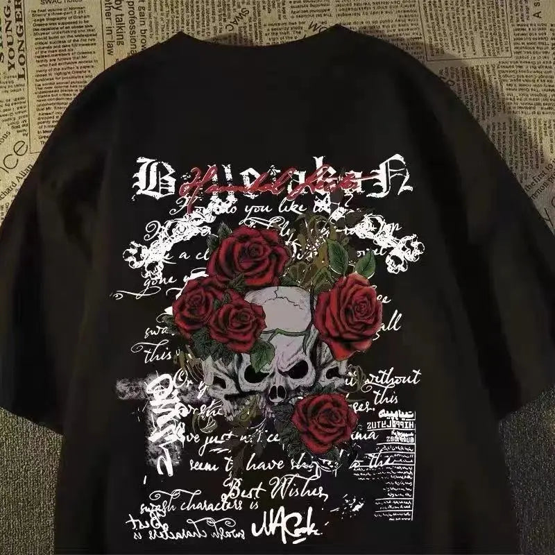 American Diablo Rose Skull Printed Cotton Couple Short Sleeve Summer Campus Retro Loose Y2Kt T-shirt Women's Wear