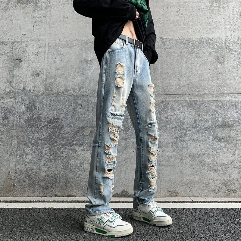 Men Summer Big Ripped Tassel Fashion Jeans Male Breathable Streetwear Baggy Hip Hop Distressed Denim Pants Y2k Goth Trouser