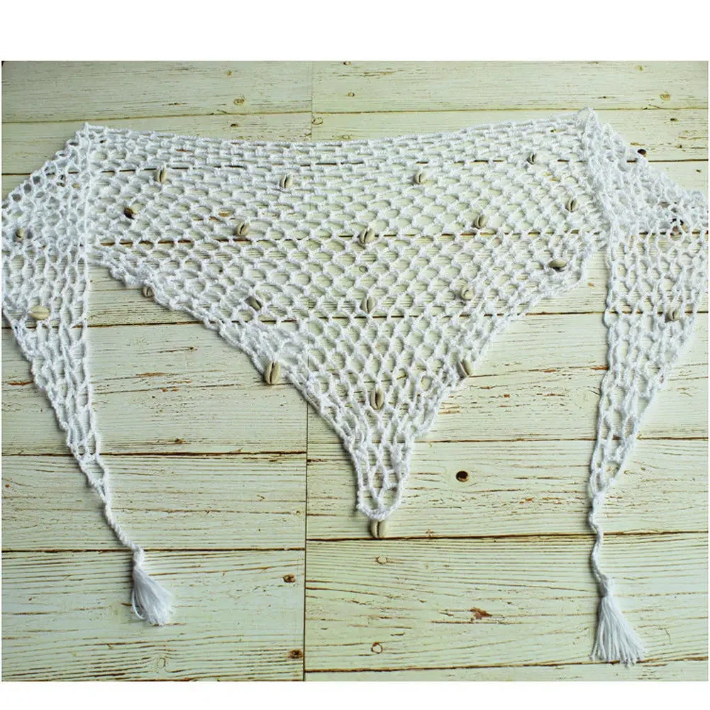 Fishnet Solid Color Shells Swimsuit Skirt Bikini Cover-Up Shawl Summer Beach Cover Up Women's Swimwear Triangle Wrap