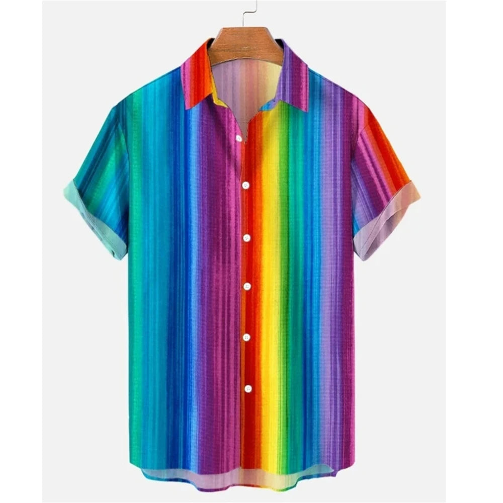 Summer Oversized Romantic Men'S Shirt Rainbow Pattern Fashion Short Sleeve Print Top Simple High Quality Street Loose Hawaiian