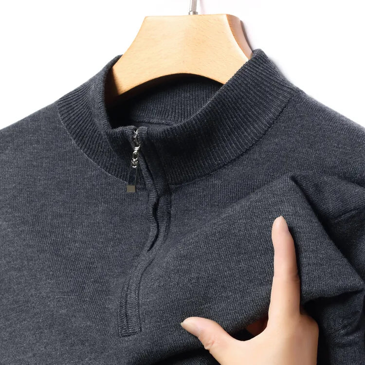 Autumn & Winter Men's Long-Sleeved Sweater,  Half Turtleneck Pullover Wool-like Business Casual Top, Half Zip Pullover