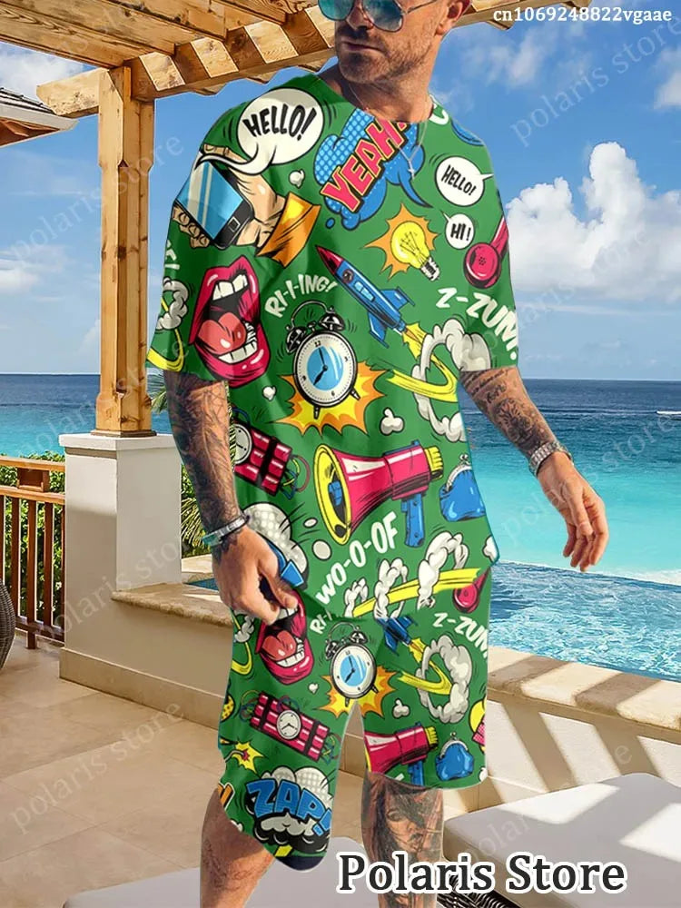 Summer Graffiti Sportswear Men's Fun T-shirt Set Manga Illustrations Loose Clothing Hip Hop Sportswear Two Piece Set Uniform Lig