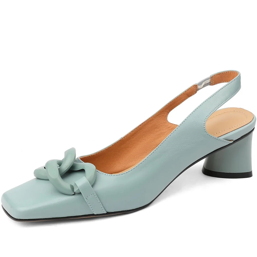 【JOCHEBED HU】new brand summer new style fashion women genuine personality leather buckle square toe thick heel shoes 34-43