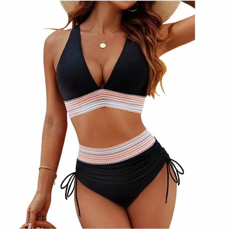 New Fashion Bikini Gathered High-waisted V-neck Strappy Multi-color Bikini Separates Swimsuit Micro Bikini Bathing Suit Women