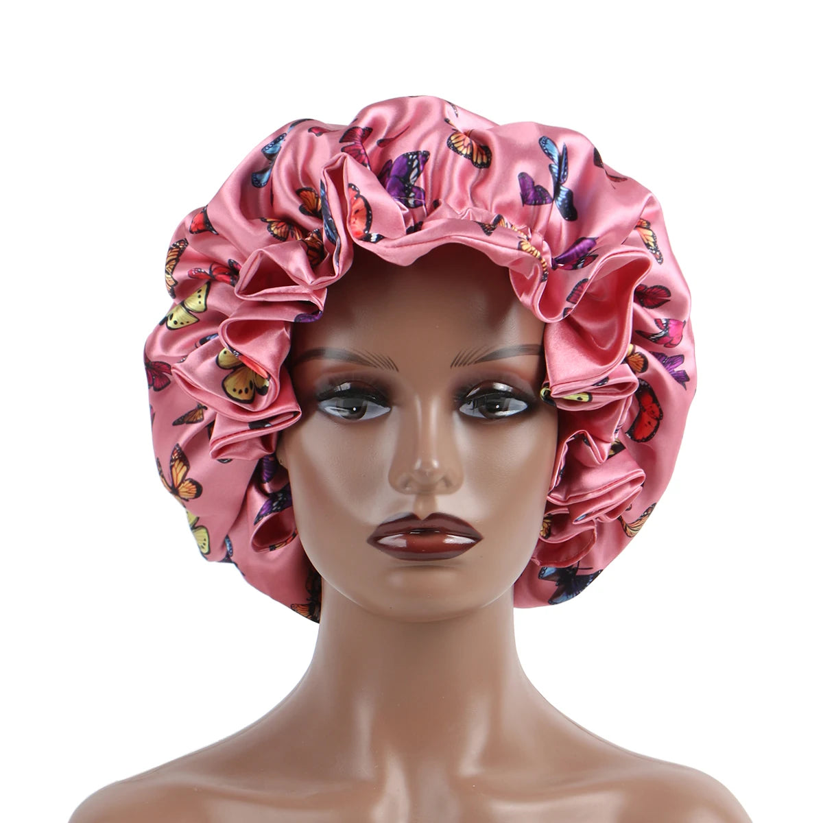 Pink Butterfly Double Layer Adjustable Satin Bonnet Cap Hair Protect Virgin Sleep Bonnet for Women And Girls