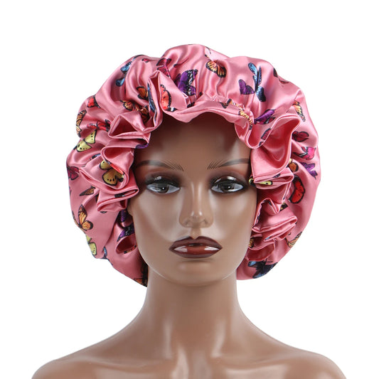 Pink Butterfly Double Layer Adjustable Satin Bonnet Cap Hair Protect Virgin Sleep Bonnet for Women And Girls