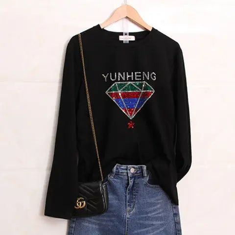 Glitter T Shirts for Women Korean Fashion Sequin Clothing Black Clothes Aesthetic Woman T-shirt  Rhinestone Streetwear Top Loose