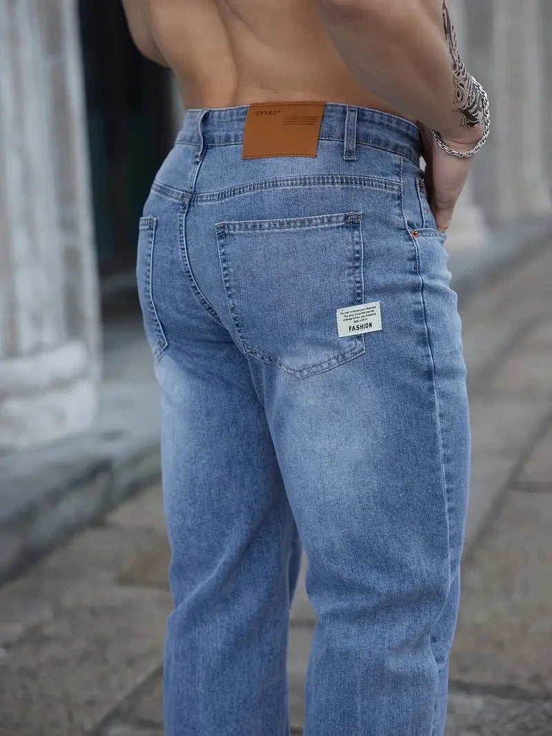 2025 Summer Thin Men's Stretch Baggy Jeans  Elastic Waist Embroidery Business Casual Straight Denim Trousers Classic Style Male