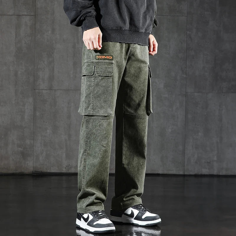 New Men's Loose Cargo Jeans Outdoor Paratrooper Straight Pants Fashionable Stretch Loose Wide Leg Pants Large Size 4XL 5XL