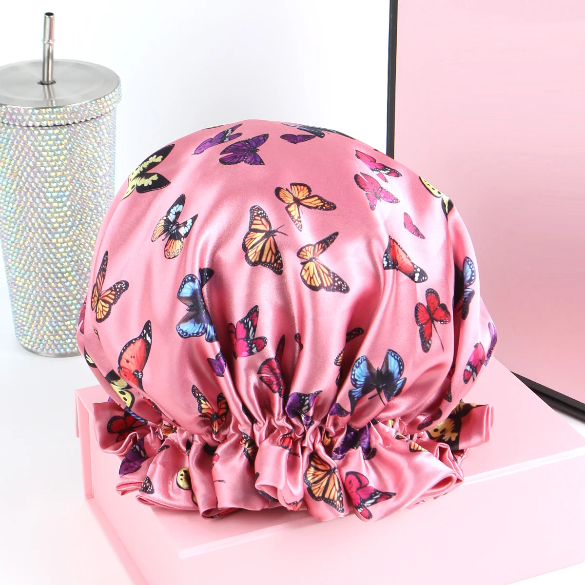 Pink Butterfly Double Layer Adjustable Satin Bonnet Cap Hair Protect Virgin Sleep Bonnet for Women And Girls