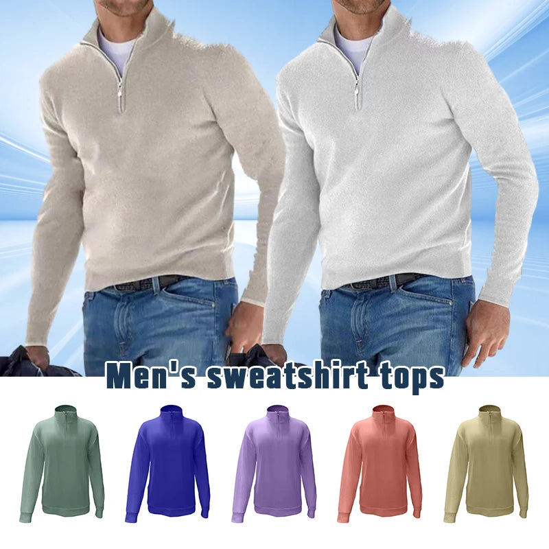Men Spring Autumn Sweatshir Imitation Cashmere Zipper Basic Sweater Long Sleeve Sweater Half Zipper Turtleneck Warm Pullover