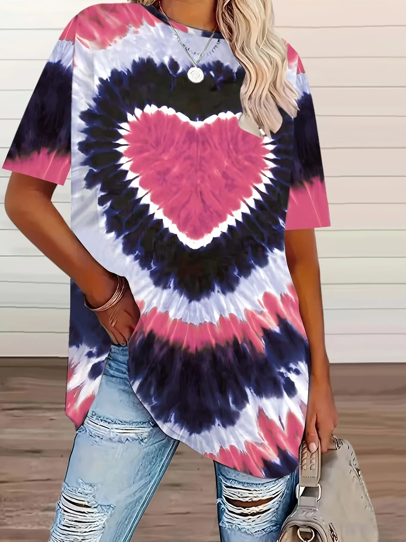 plus size tie-dye heart-print T-shirt casual short-sleeved knitted top round neck, spring and summer series, large size shirt