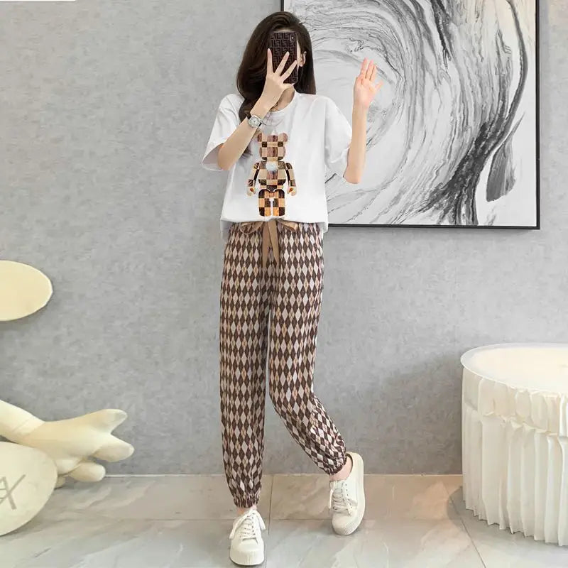 2 Piece Set for Women 2023 Summer Korean Fashion Bear Printed High Waist Wide Leg Pants Loose Short Sleeve T Shirt Women Clothes