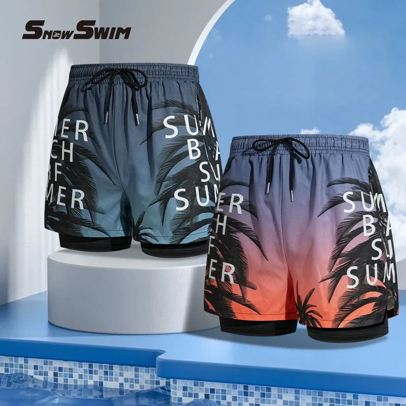 Double-layer Swim Trunks for Men Boxer Shorts Anti-embarrassment Lined with Professional Beach Pants Adult Swim Gear