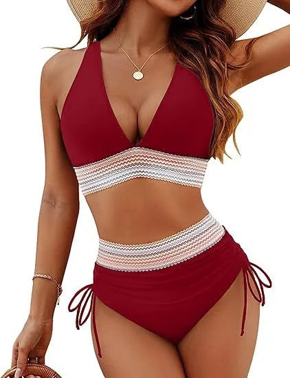 New Fashion Bikini Gathered High-waisted V-neck Strappy Multi-color Bikini Separates Swimsuit Micro Bikini Bathing Suit Women