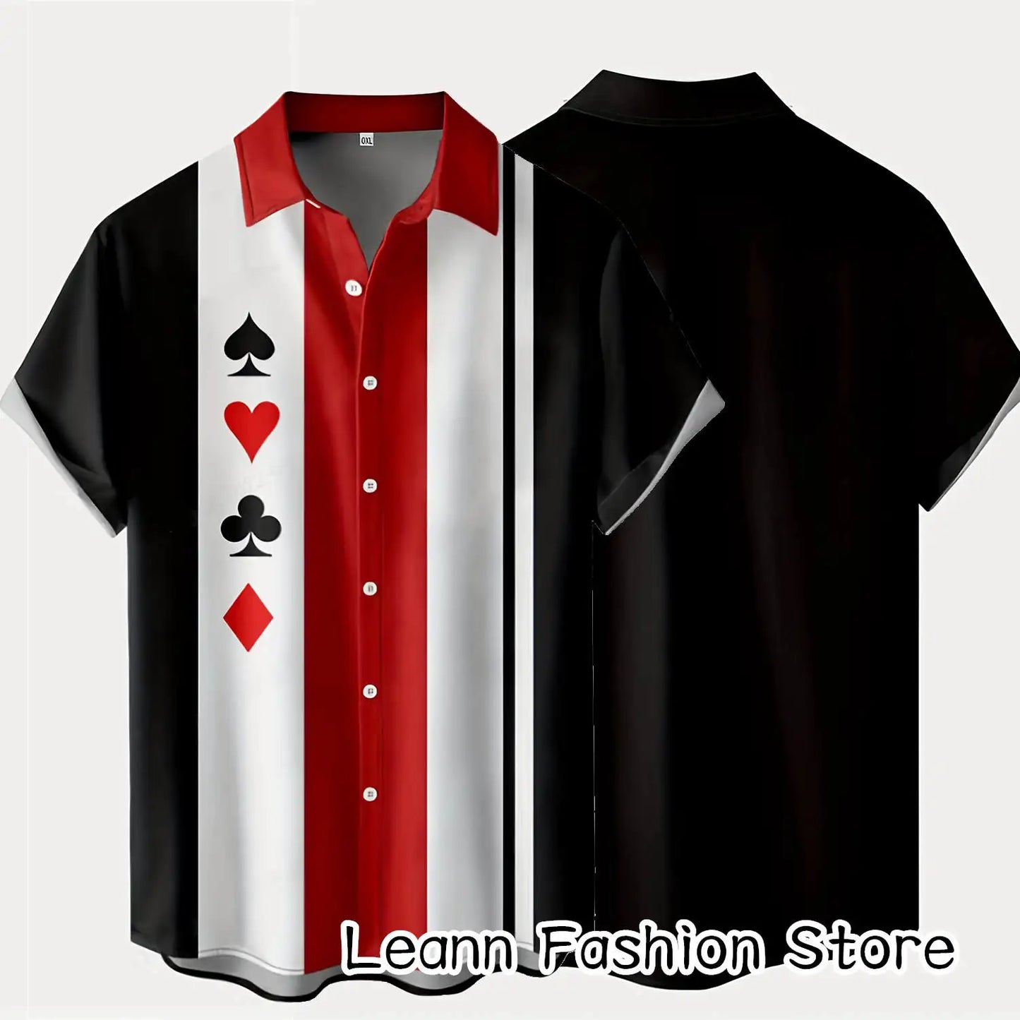 Men Summer Poker Symbol Stripe Print Shirt Casual Beach Short Sleeve Clothing Male Button Lapel Collar Fashion Leisurewear