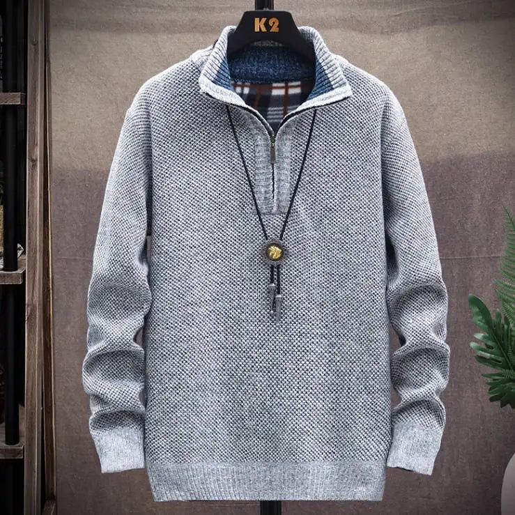New Fleece Men's Large Size Half Turtleneck Sweater Men's Zipper Knit Sweater Slim Fit Casual Pullover Fall Winter Men