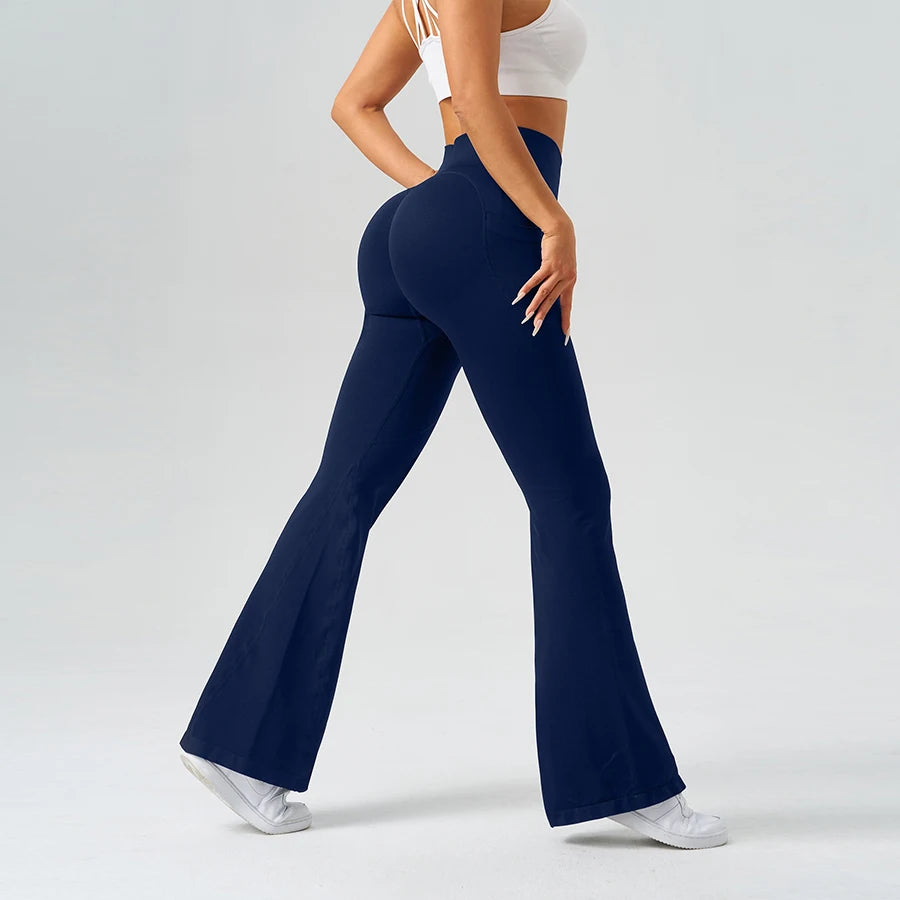 Flared Yoga Pants Women High Waist Bell Bottom Leggings Seamless Trousers w/Pockets Retro Gym Fitness Athleisure Wide Leg Pants