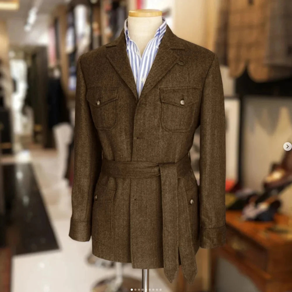 Only jacket 1 PCS Men Coat With Belt Vintage Tweed Hunting Casual Hunting Casual Men's Blazer Single Breasted Stylish