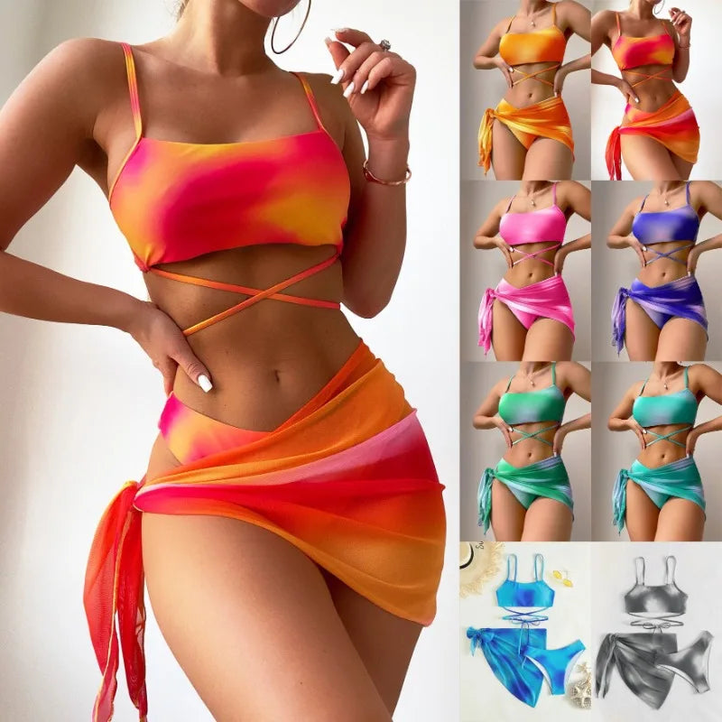 2025 Three-piece Mesh Skirt Split Swimsuit Tie-dye Bikini Fashion Swimsuit Women Bathing Suit Women