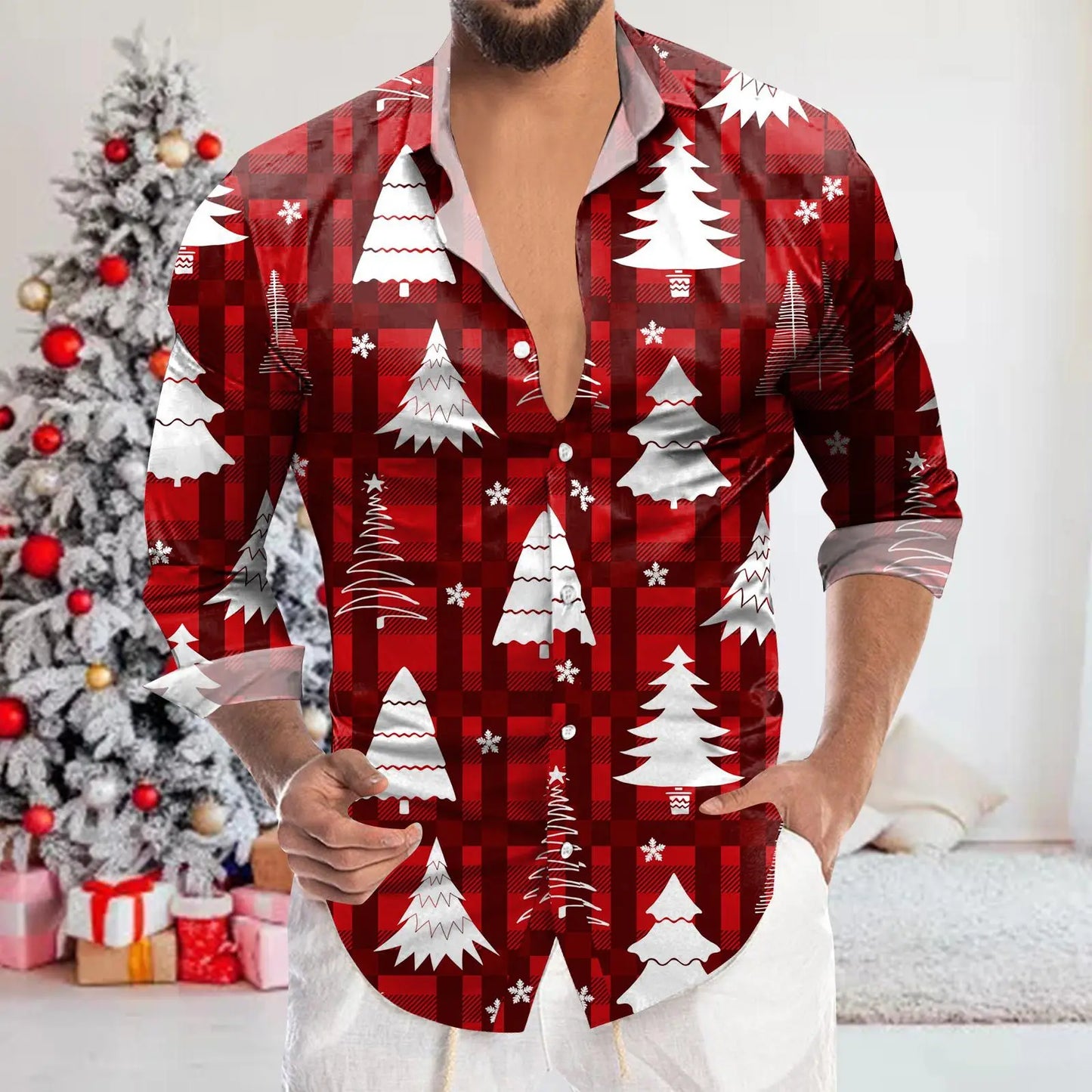 Men's Shirt Merry Christmas Print Long Sleeve Shirt For Men Vacation Party Luxury Y2k Hawaiian Smooth Clothes Streetwear Blouse