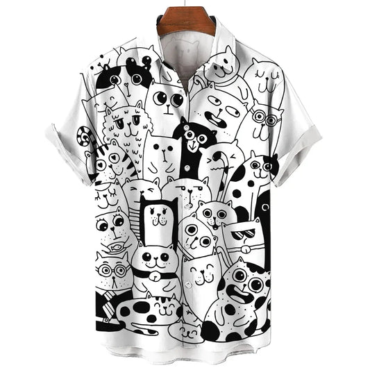 Men's Shirt Cute Cat Pattern Shirt Social Summer Casual Vintage Hawaiian Shirt  New Oversize Short Sleeve Street Clothing