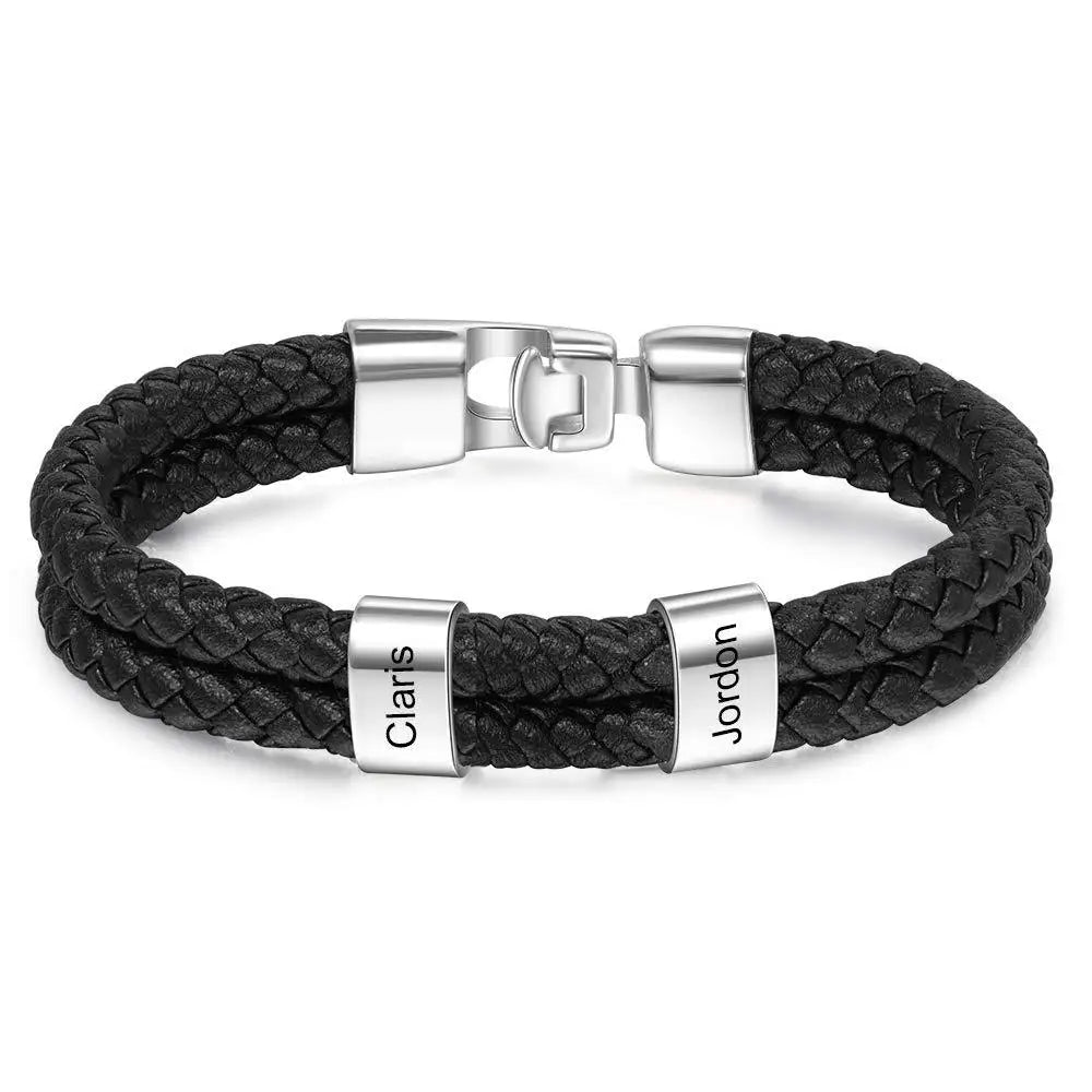 Custom Family Names Beads Bracelet Men Personalized Engraved Bracelets Black Leather Stainless Steel Bracelet Father's Day gift