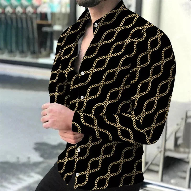 Long sleeved men's Hawaiian shirt beach social 2024 lining high-end men's shirt 3D printed shirt black and white opposition clas