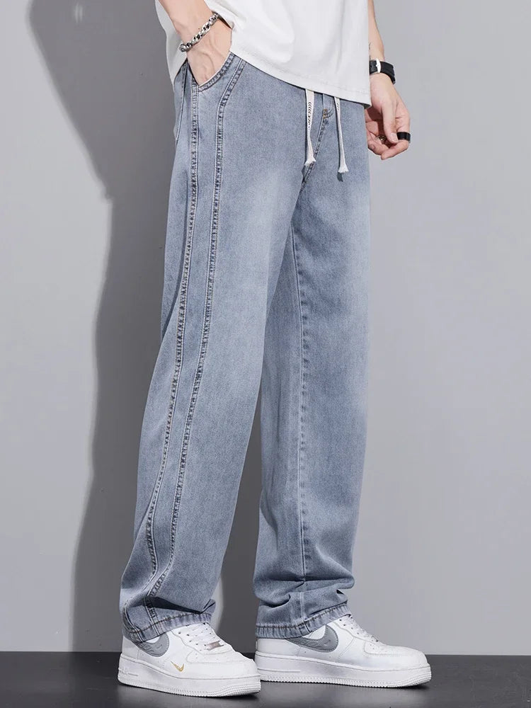 Pop Drawstring Summer Jeans Men's Lyocell Soft Quality Pants Stretch Waist Straight Casual Baggy Denim Trousers Streetwear