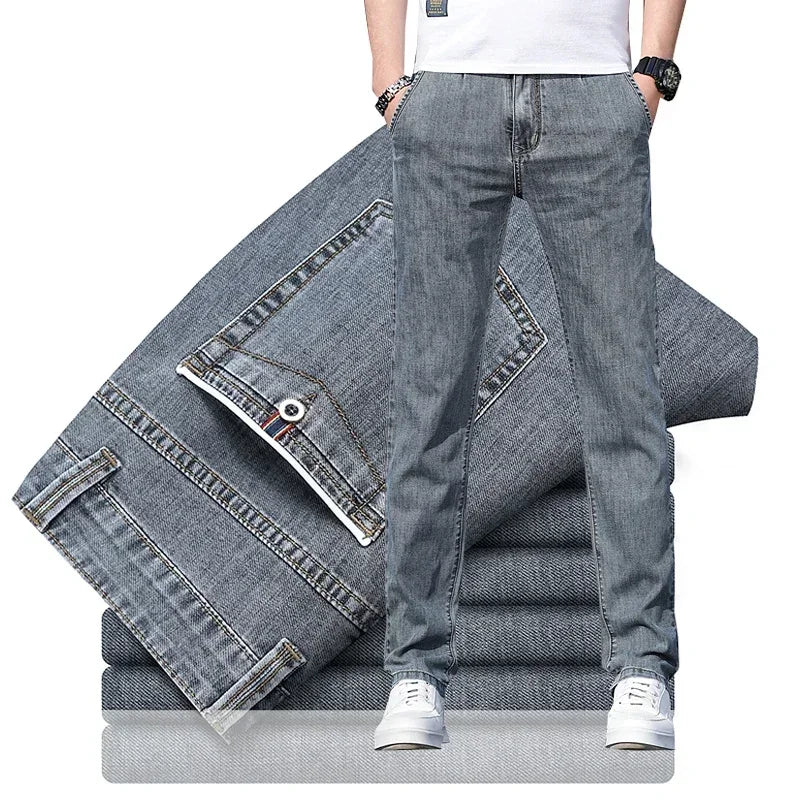 2025 Summer New Men's Loose Gray Jeans Fashion Casual Stretch Straight-leg Denim Pants Male Light Blue Men's Trousers