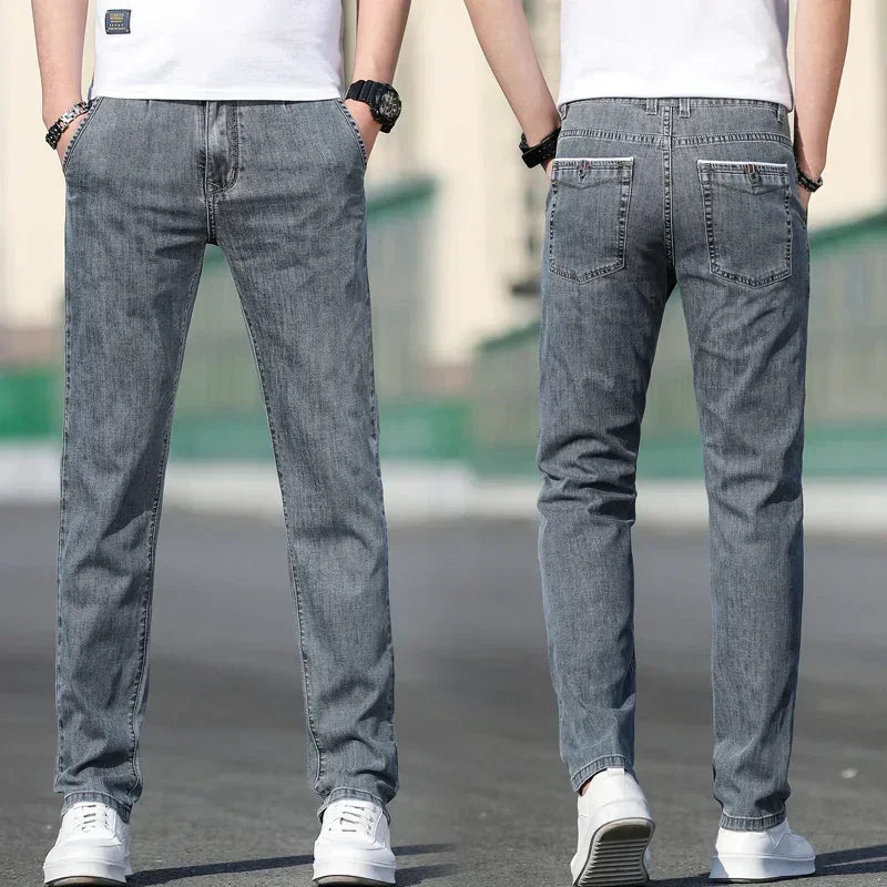 2025 Summer New Men's Loose Gray Jeans Fashion Casual Stretch Straight-leg Denim Pants Male Light Blue Men's Trousers