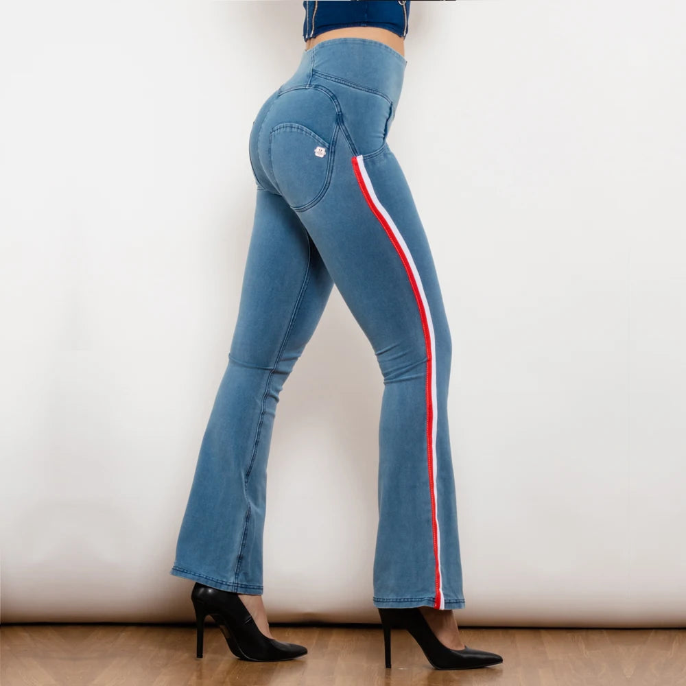 Shascullfites Gym And Shaping Women High Waist Light Blue Flare Lift Jeggings with Stripe Wide Leg Jeans