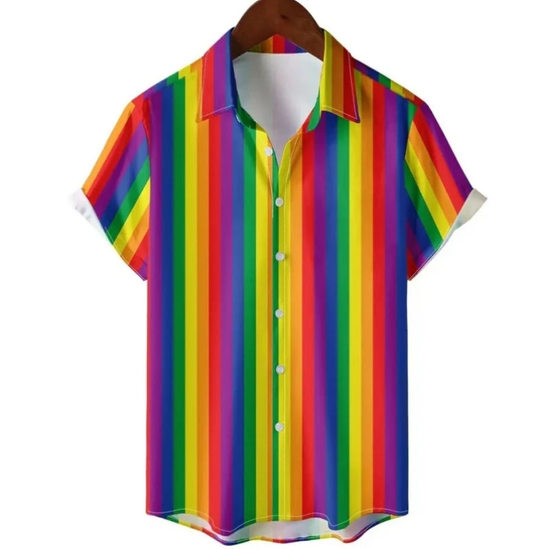 Summer Oversized Romantic Men'S Shirt Rainbow Pattern Fashion Short Sleeve Print Top Simple High Quality Street Loose Hawaiian