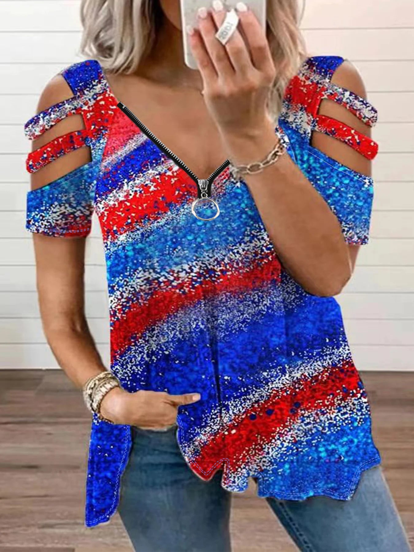 Plus Size Europe and the United States and The United States Cross Border New Women's Printed V-neck Casual T-shirt