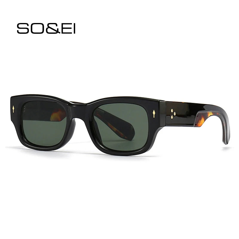 SO&EI Retro Square Punk Men Sunglasses Shades UV400 Dark Green Lens Eyewear Women Fashion Metal Rivets Sun Glasses