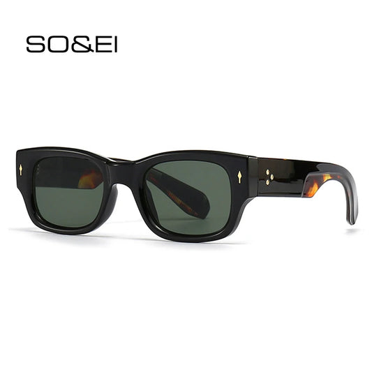 SO&EI Retro Square Punk Men Sunglasses Shades UV400 Dark Green Lens Eyewear Women Fashion Metal Rivets Sun Glasses