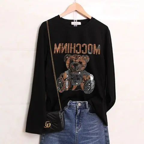 Glitter T Shirts for Women Korean Fashion Sequin Clothing Black Clothes Aesthetic Woman T-shirt  Rhinestone Streetwear Top Loose