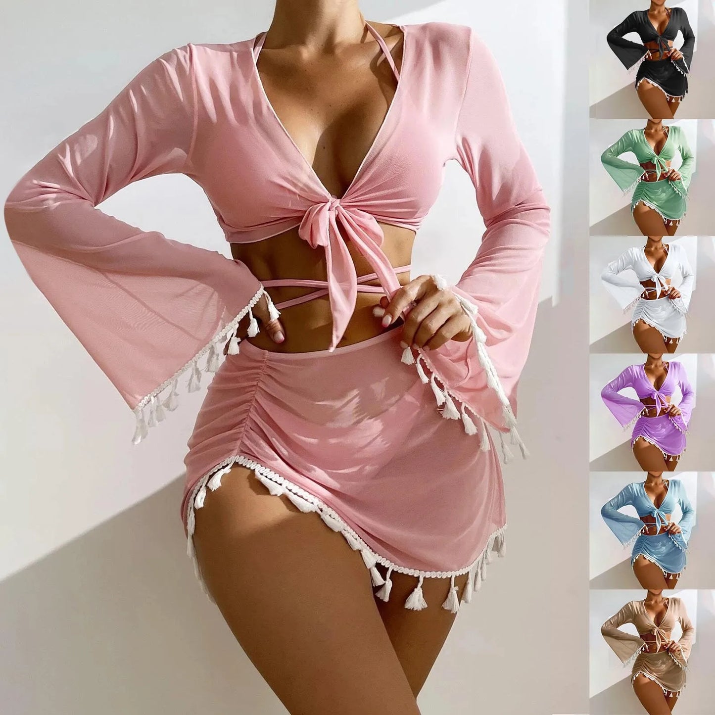 Solid Color Sexy Fashion Slim Fitting Beach Swimwear For Lady Split Lightweight Strap High Waist Pleated Cover-up Four-Piece Set