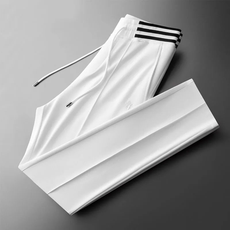 High end fashionable embroidered striped casual men's pants for the summer of 2024 new waffle ice silk comfortable sports pants