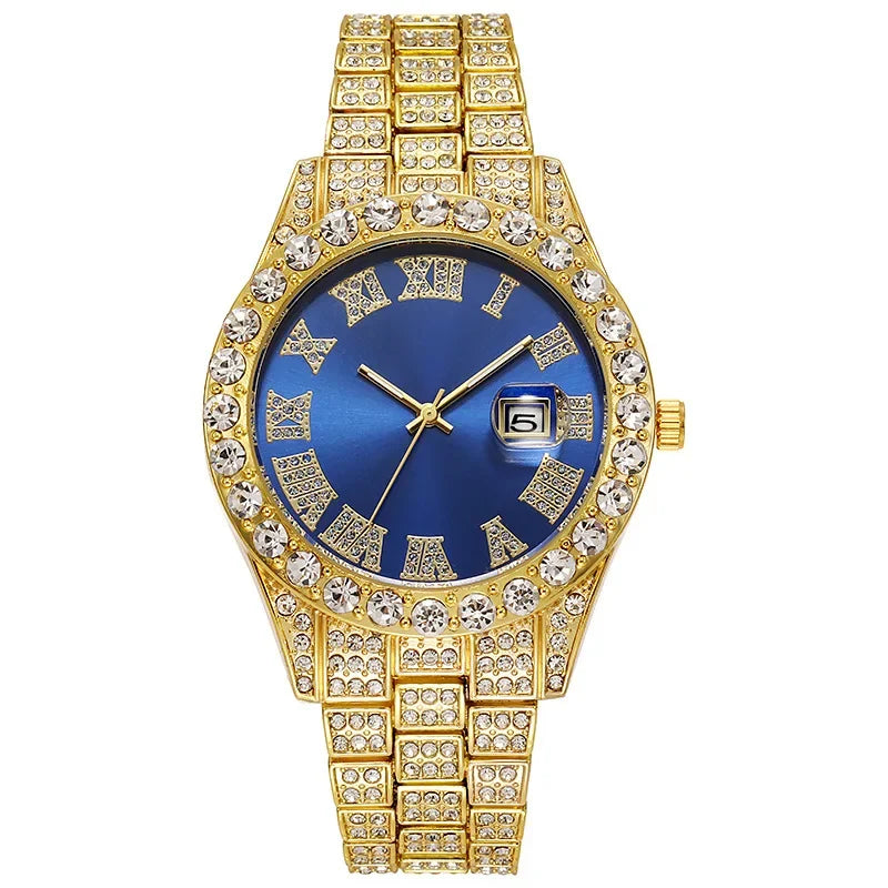 Hip Hop Watch for Men Iced Out Bling Full Diamond Luxury Quartz Watch Analog Roman Calendar Watch for Men Women