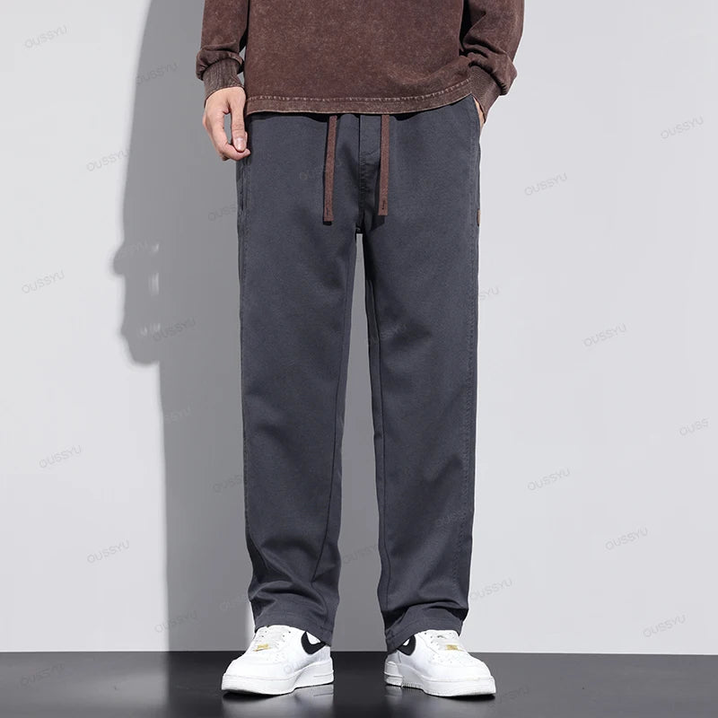 All Seasons Soft Lyocell Fabric Men's Pants Loose Straight Drawstring Elastic Waist Korea Casual Trousers Plus Size M-4XL