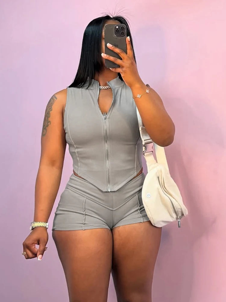 kliou Casual Summer Women Shorts Set Solid Active Irregular Zip-up Tank Tops+Stretch Bottoms Mujer Basic Matching Street 2 Piece